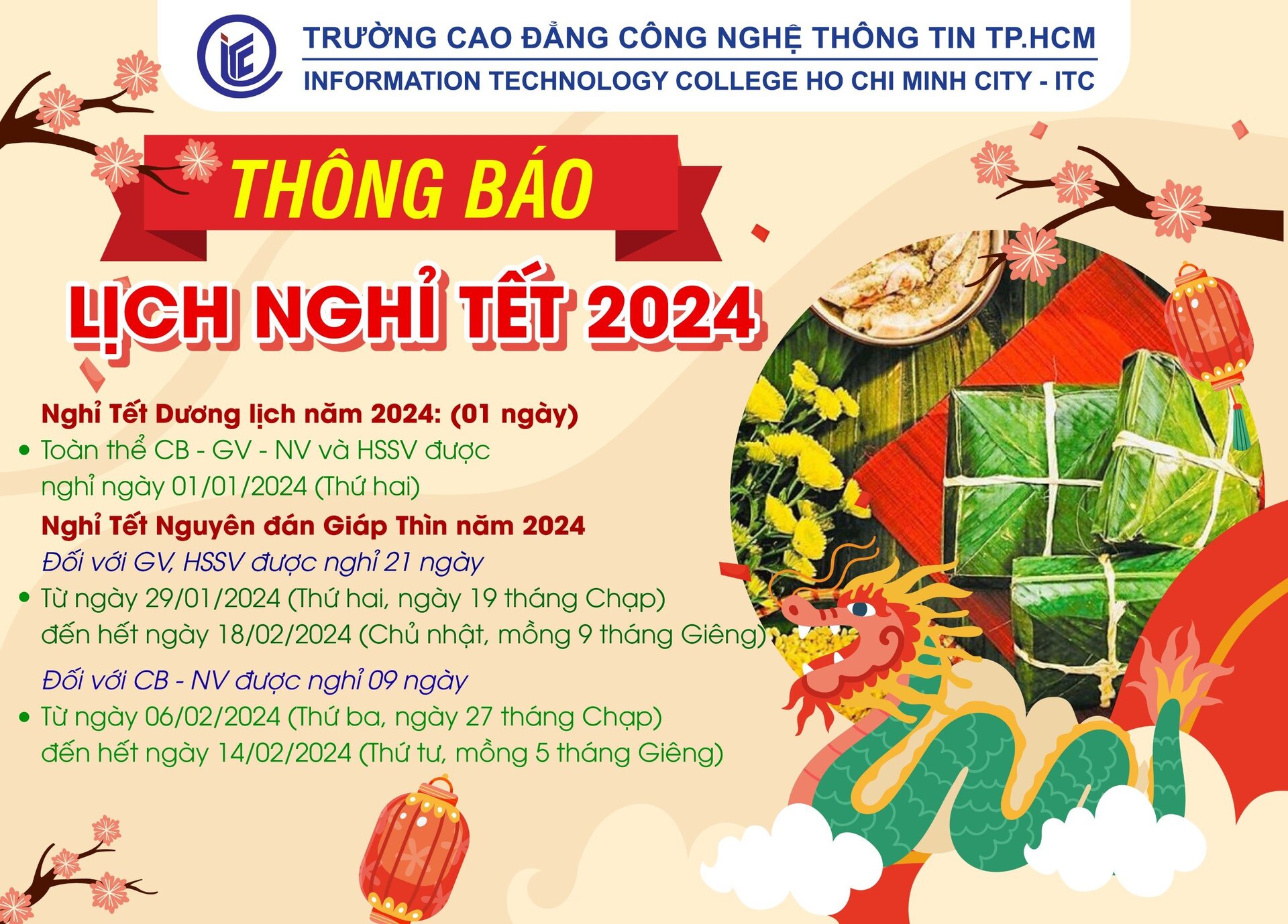 Thông báo lịch nghỉ Tết Dương lịch năm 2024 và Tết Nguyên đán Giáp Thìn