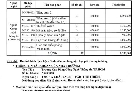 Thông báo về việc thu học phí HK3 khóa 21 năm học 2021 - 2022 (Nhập Học Đợt 01)