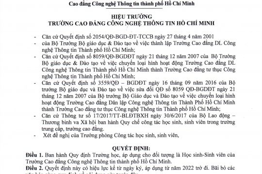 Thông Báo Quyết định về việc ban hành Quy định trường học của trường Cao đẳng Công nghệ Thông tin thành phố Hồ Chí Minh.