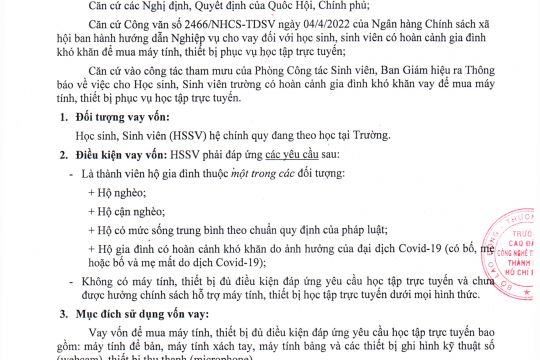 Thông báo về việc cho Học sinh Sinh viên có hoàn cảnh khó khăn vay để mua máy tính, thiết bị phục vụ học tập trực tuyến.