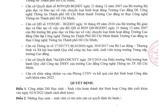 THÔNG BÁO về việc nhận giấy chứng nhận tham gia sinh hoạt công dân cuối khóa.